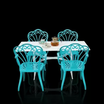 4 kişilik dış mekan bahçe, balkon için alüminyum döküm ferforje kollu tavuskuşu figürlü dikdörtgen masa sandalye takımı 2