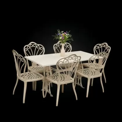 Döküm masa s6 kişilik dış mekan bahçe, balkon için alüminyum döküm ferforje kolsuz tavuskuşu figürlü dikdörgen masa sandalye takımıandalye bej