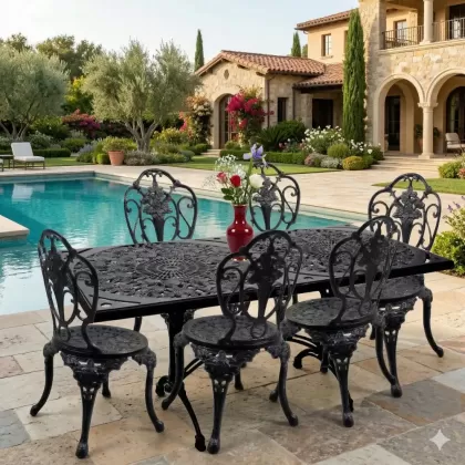 6 kişilik dış mekan bahçe, balkon için alüminyum döküm ferforjekollu kolsuz gül figürlü dikdörtgen masa sandalye takımı 2
