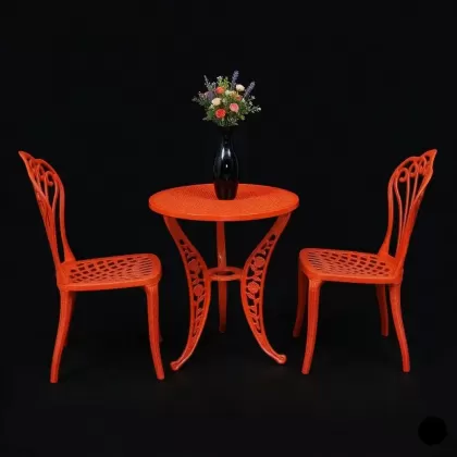 2 kişilik dış mekan bahçe, balkon için alüminyum döküm ferforje kolsuz tavuskuşu motifli yuvarlak masa sandalye takımı 2