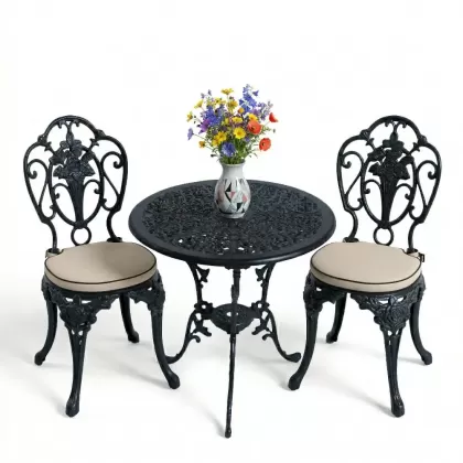 2 kişilik ferforje alüminyum döküm masa sandalye takımı minderli