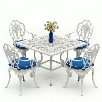 4 kişilik ferforje alüminyum döküm masa sandalye takımı beyaz