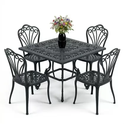 4 kişilik ferforje alüminyum döküm masa sandalye takımı siyah