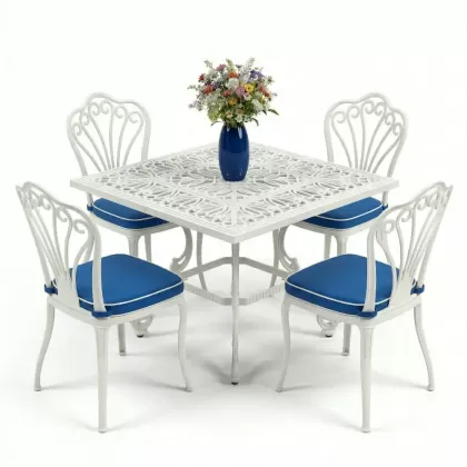 4 kişilik ferforje alüminyum döküm masa sandalye takımı beyaz