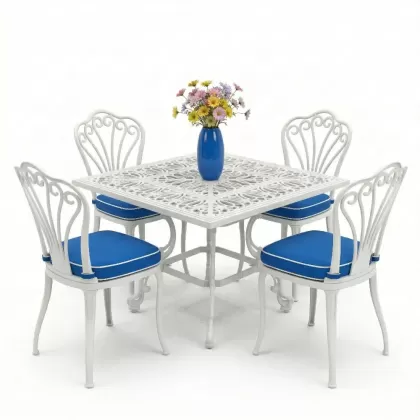 4 kişilik ferforje alüminyum döküm masa sandalye takımı beyaz