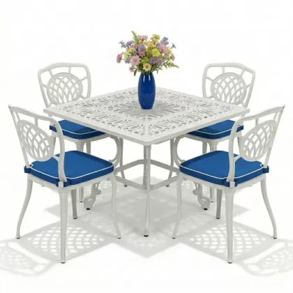 4 kişilik ferforje alüminyum döküm masa sandalye takımı beyaz