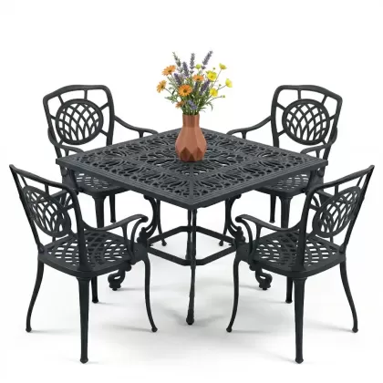 4 kişilik ferforje alüminyum döküm masa sandalye takımı siyah