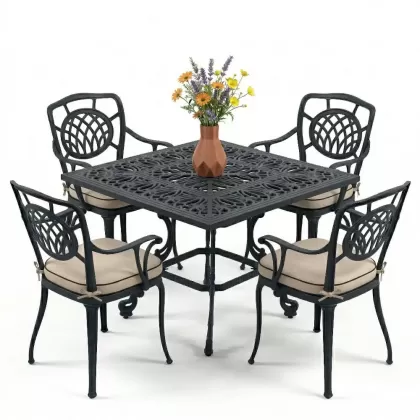 4 kişilik ferforje alüminyum döküm masa sandalye takımı minderli
