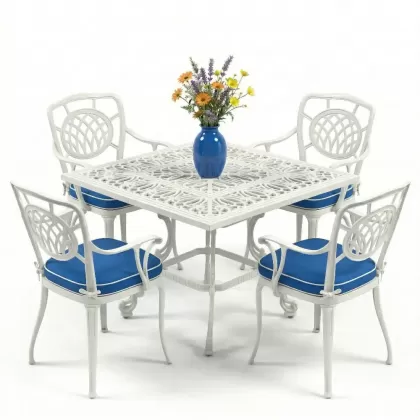 4 kişilik ferforje alüminyum döküm masa sandalye takımı beyaz