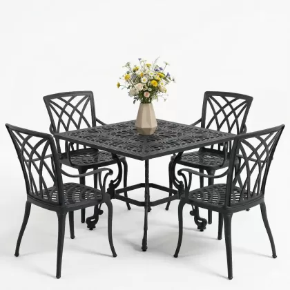 4 kişilik ferforje alüminyum döküm masa sandalye takımı siyah
