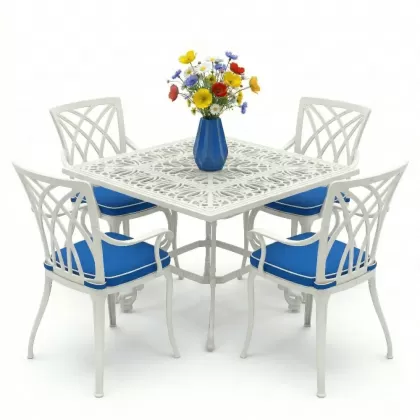 4 kişilik ferforje alüminyum döküm masa sandalye takımı beyaz