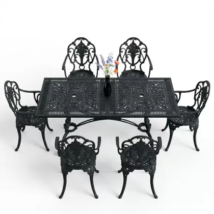 6 kişilik ferforje alüminyum döküm masa sandalye takımı siyah