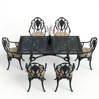 6 kişilik ferforje alüminyum döküm masa sandalye takımı minderli