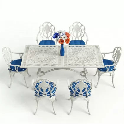 6 kişilik ferforje alüminyum döküm masa sandalye takımı beyaz