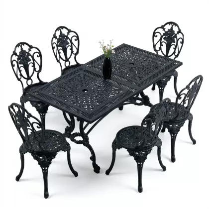 6 kişilik ferforje alüminyum döküm masa sandalye takımı siyah