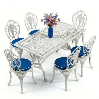 6 kişilik ferforje alüminyum döküm masa sandalye takımı beyaz