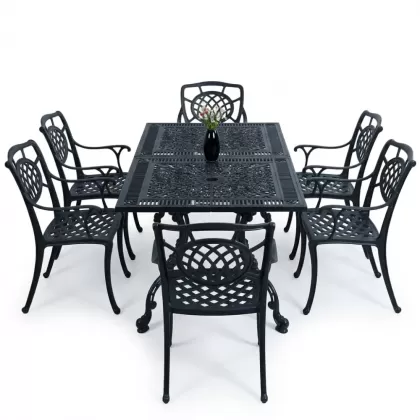 6 kişilik ferforje alüminyum döküm masa sandalye takımı siyah