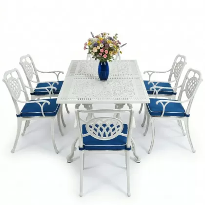 6 kişilik ferforje alüminyum döküm masa sandalye takımı beyaz
