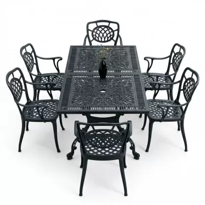 6 kişilik ferforje alüminyum döküm masa sandalye takımı siyah