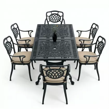 6 kişilik ferforje alüminyum döküm masa sandalye takımı minderli