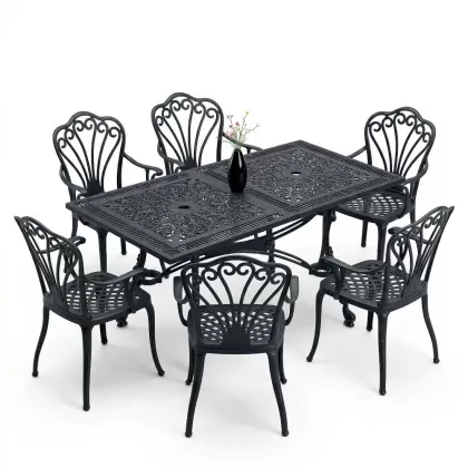 6 kişilik ferforje alüminyum döküm masa sandalye takımı siyah