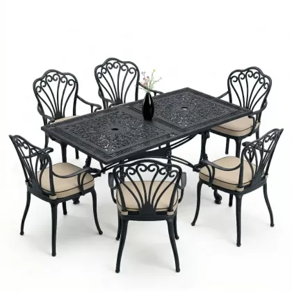 6 kişilik ferforje alüminyum döküm masa sandalye takımı minderli