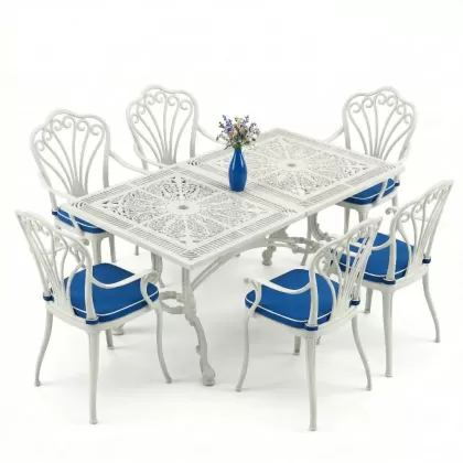 6 kişilik ferforje alüminyum döküm masa sandalye takımı beyaz