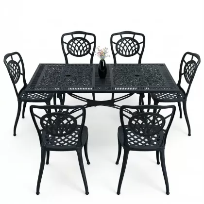 6 kişilik ferforje alüminyum döküm masa sandalye takımı siyah
