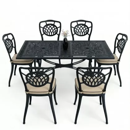 6 kişilik ferforje alüminyum döküm masa sandalye takımı minderli