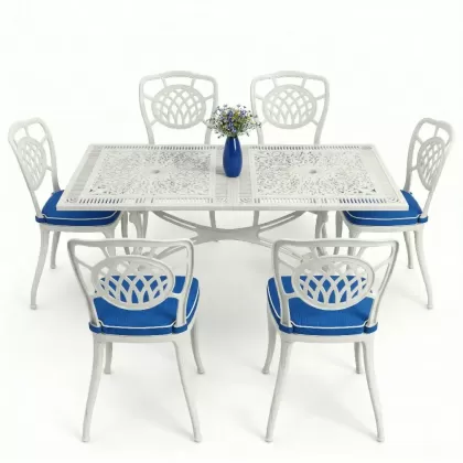 6 kişilik ferforje alüminyum döküm masa sandalye takımı beyaz