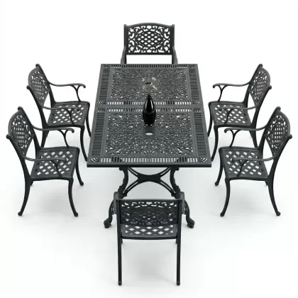 6 kişilik ferforje alüminyum döküm masa sandalye takımı siyah