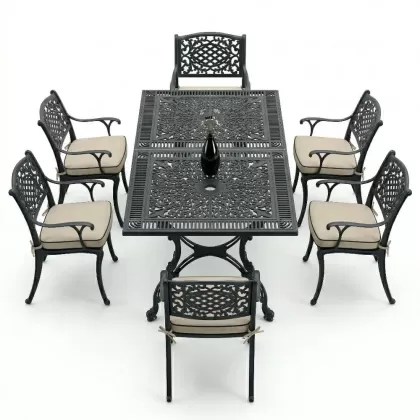 6 kişilik ferforje alüminyum döküm masa sandalye takımı minderi