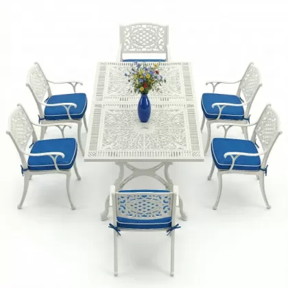 6 kişilik ferforje alüminyum döküm masa sandalye takımı beyaz