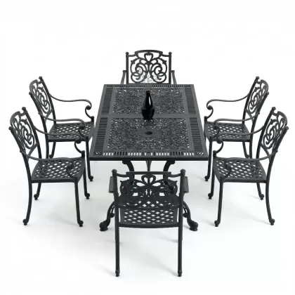 6 kişilik ferforje alüminyum döküm masa sandalye takımı siyah