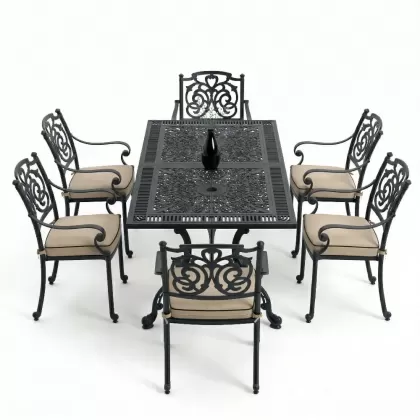 6 kişilik ferforje alüminyum döküm masa sandalye takımı minderli