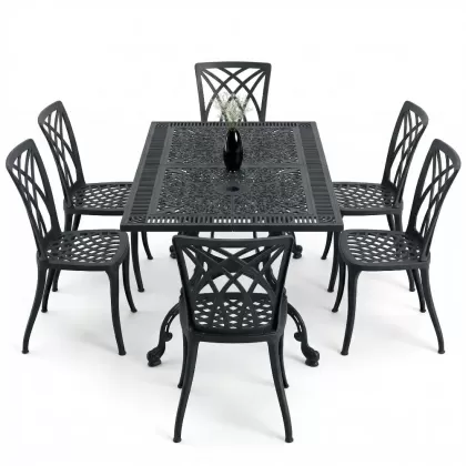 6 kişilik ferforje alüminyum döküm masa sandalye takımı siyah