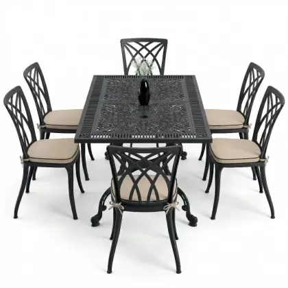 6 kişilik ferforje alüminyum döküm masa sandalye takımı minderli