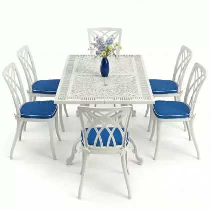 6 kişilik ferforje alüminyum döküm masa sandalye takımı beyaz