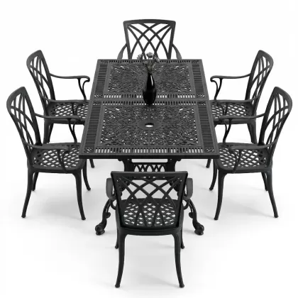 6 kişilik ferforje alüminyum döküm masa sandalye takımı siyah