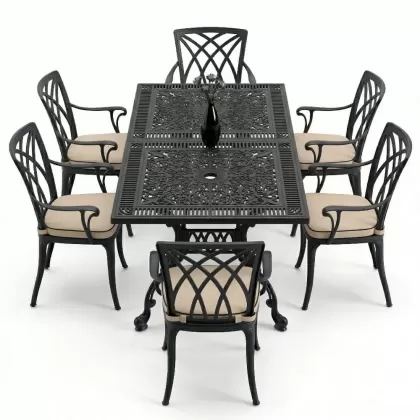 6 kişilik ferforje alüminyum döküm masa sandalye takımı minderli