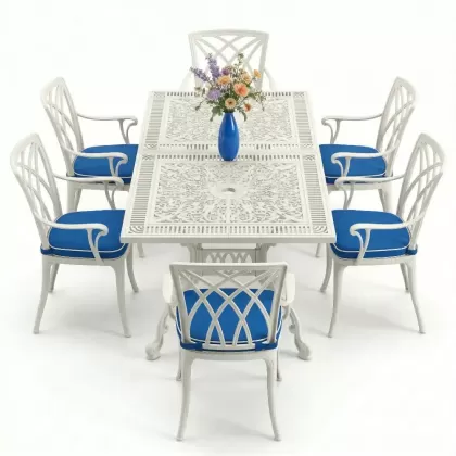 6 kişilik ferforje alüminyum döküm masa sandalye takımı beyaz
