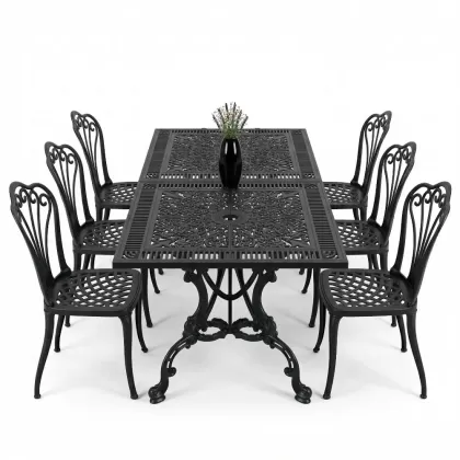 6 kişilik ferforje alüminyum döküm masa sandalye takımı siyah