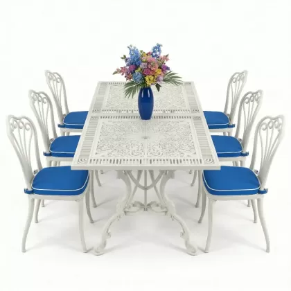 6 kişilik ferforje alüminyum döküm masa sandalye takımıbeyaz