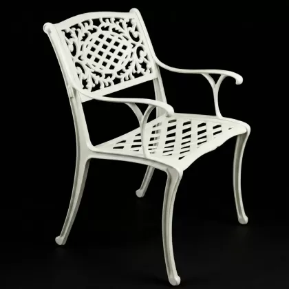 Eti figürlü kollu ferforje sandalye bahçe, balkon dış mekan alüminyum döküm sandalye beyaz