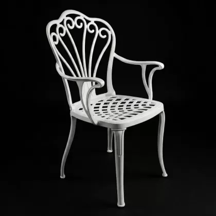 Tavuskuşu motifli ferforje alüminyum kollu döküm sandalye beyaz