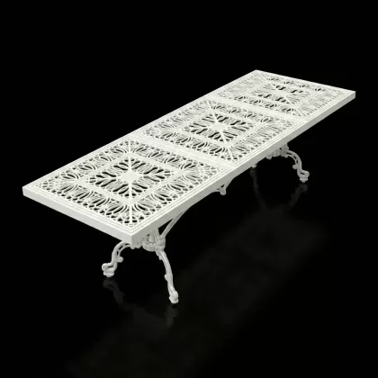 Büyük boy mega dikdörtgen alüminyum döküm dış mekan bahçe için ferforje masa modeli beyaz