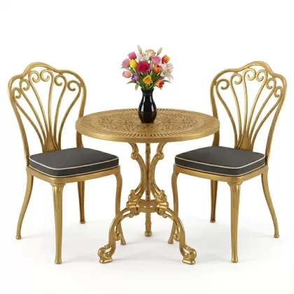 2 kişilik alüminyum döküm masa sandalye takımı ferforje set gold altın