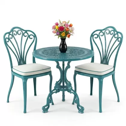 2 kişilik alüminyum döküm masa sandalye takımı ferforje set turkuaz