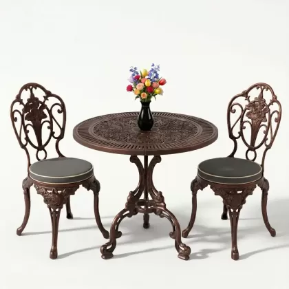 Yuvarlak alüminyum döküm masa gül motifli 2 kişilik ferforje masa seti bakır eskitme