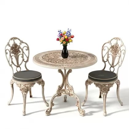 Yuvarlak alüminyum döküm masa gül motifli 2 kişilik ferforje masa seti beyaz eskitme